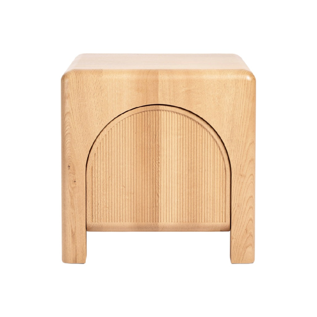 Minimalist Wooden Stool with Curved Design and Textured Panel